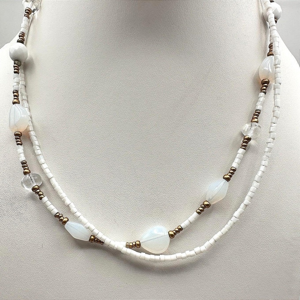 Vintage 90s Cookie Lee Double Strand Beaded Gold Tone Necklace Boho Jewelry